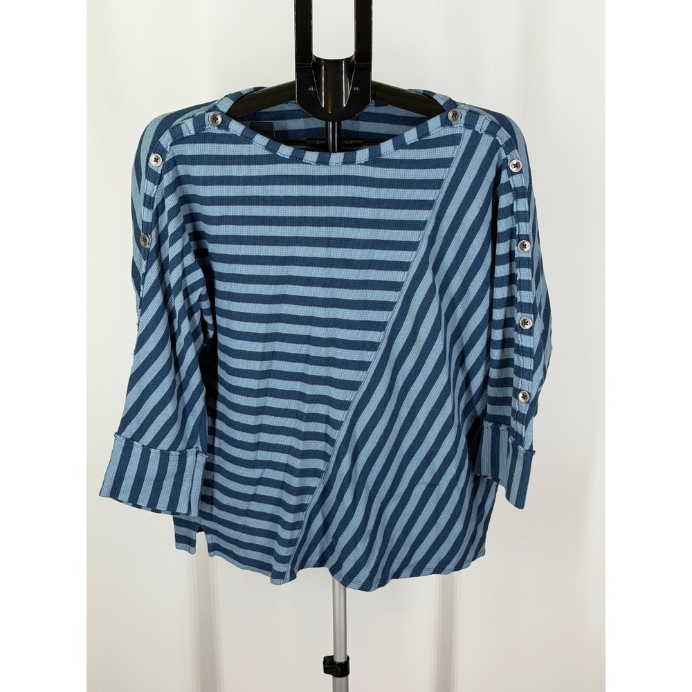 Westbound Blue Striped Button Shoulder Knit Top Womens Medium Mixed Stripe